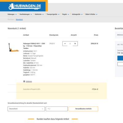 Sechs Prozent Hubwagen.de Rabatt im Warenkorb